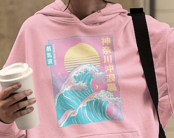 Vaporwave Great Wave Hoodie, Pastel Goth Clothing, Japanese Aesthetic Kawaii Anime Shirt Kanagawa Wave Art, Harajuku Cyberpunk Pink Hoodie