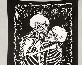 Goth Tapestry, Tarot The Lovers Tapestry, Skeleton Couple Kissing Decor Wall Hanging, Dark Academia Decor, Gothic Wall Art Skeleton Tapestry