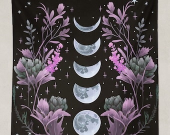 Moon Phases Witchy Tapestry Floral Pagan Altar Cloth Cottagecore Decor Celestial Gothic Tarot Black Tapestry, Botanical Flowers Wall Hanging