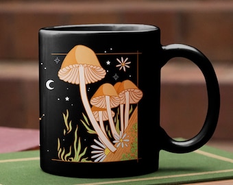 Black Mug Witchy Mushroom Mug, Celestial Mushroom Mug, Cottagecore Gift, Forest Magic Mushrooms Mug, Mushroom Decor, Mushroom Gift