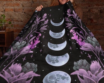 Dark Moon Phases Minky Blanket, Celestial Moon Witchy Goth Decor Academia Gothic Mystical Cottagecore Decor, Halloween Throw Blanket Bedding