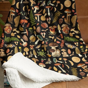 Mushroom Blanket, Mushroom Velveteen Blanket, Mushroom Decor, Dark Academia Decor, Mushroom Gift, Botanical Throw Blanket, Cottagecore Decor