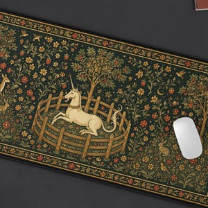 Unicorn in Captivity Desk Mat, Medieval Unicorn Tapestry Desk Pad, Cottagecore Office Decor, Dark Academia Mouse Pad, Fantasy Art Lover Gift