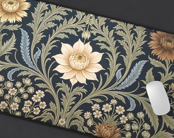 May include: A rectangular desk mat featuring a dark navy blue background with a repeating botanical pattern of cream, tan, and light blue flowers and intricate leafy vines. The design covers the entire surface of the mat with symmetrical floral motifs.