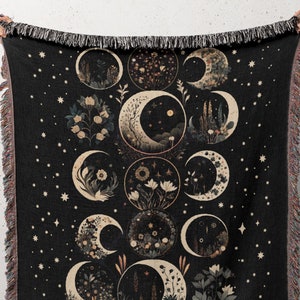 Dark Moon Phases Woven Throw Blanket, Celestial Moon Witchy Cotton Throw, Academia Gothic Mystical Cottagecore Decor Tapestry Beach Blanket