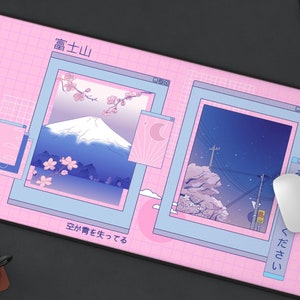 Pastel Vaporwave Tokyo City Desk Mat, Japanese Anime Large Mouse Pad, Pink Mount Fuji Sakura Cherry Blossom Gaming Extended Pad Extra Large