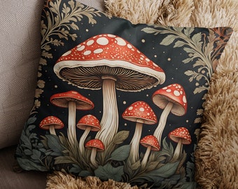 Toadstool Mushrooms William Morris Inspired Throw Pillow, Cottagecore Green Nature Cushion Nursery Gift Botanical Woodland Art Nouveau Decor