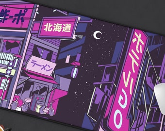 Vaporwave City Desk Mat, Neon Tokyo Japan Anime Kawaii Large Mouse Pad, Purple Gaming Extended Pad Extra Large
