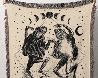 Dancing Frogs Woven Blanket, Frog Moon Phases Dark Academia Cotton Throw Folklore Japanese Decor Frog and Toad Woven Tapestry Picnic Blanket