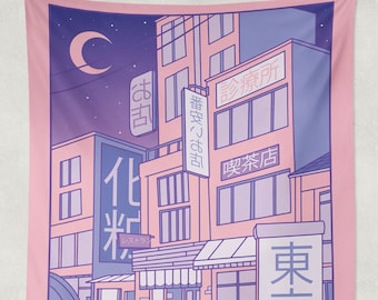 Pastel Pink Moon Japanese Tapestry, Anime Tapestry, Pink Kawaii Wall Tapestry, Cute Kawaii Wall Decor, Kawaii Room Decor, Vaporwave City