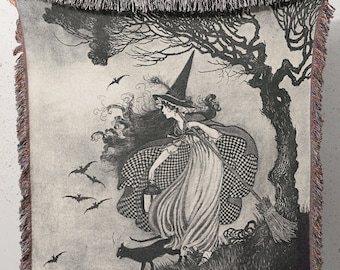 Witch with Black Cat Woven Throw Blanket, Bat Fantasy Cotton Throw, Fairycore Decor Academia Goth Mystical Retro Sci Fi RetroTapestry