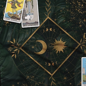 Sun and Moon Botanical Altar Cloth, Oracle Dark Academia Green Table Cloth for Spread Tarot Reading, Leaves Divination Witchy Wiccan Cloth