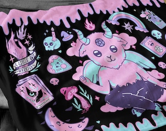 Baphomet Minky Blanket Pastel Goth Decor Creepy Cute Blanket, Cryptid Throw Blanket, Witchy Pink Decor, Gift Kawaii Goth Decor Bedding