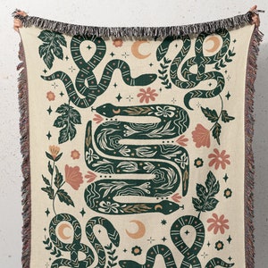 Floral Green Snake Woven Throw Blanket, Floral Moon Witchy Cotton Throw, Occult Woven Tapestry, Academia Mystical Cottagecore Altar Decor