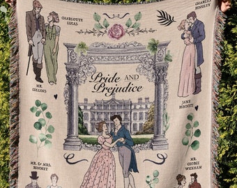 Jane Austen Woven Throw Blanket, Jane Austen Novels Cottagecore Woven Tapestry English Teacher Gift, Classic Literature Reading Book Nook