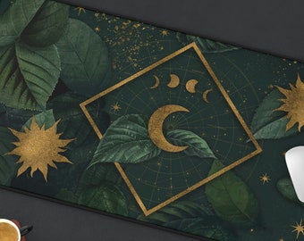 Green Dark Academia Pad Cottagecore Desk Mat, Witchy Celestial Moon Phases Gaming Pad, Forest Decor Extended Pad Extra Large, Altar Decor