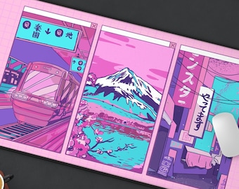 Vaporwave Retro City Desk Mat, Neon Tokyo Train Station, Japanese Anime Large Mouse Pad, Purple Mount Fuji Gaming Extended Pad Extra Large