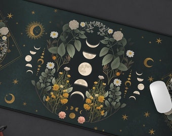 Green Dark Academia Pad Cottagecore Desk Mat, Witchy Celestial Moon Phases Gaming Pad, Forest Decor Extended Pad Extra Large, Altar Decor