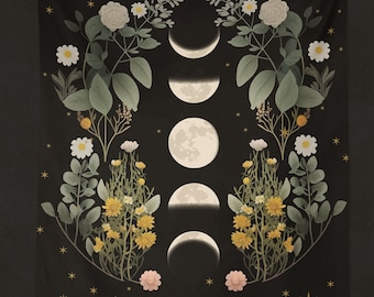 Moon Phases Witchy Tapestry Floral Pagan Altar Cloth Cottagecore Decor Celestial Gothic Tarot Black Tapestry, Botanical Flowers Wall Hanging