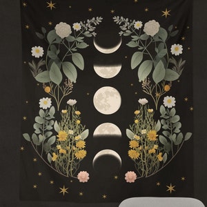 Tapisserie de sorcellerie phases de lune Nappe d'autel païenne florale, décor cottagecore, tarot gothique céleste, tapisserie noire, fleurs botaniques, tenture murale