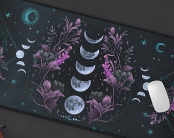 Tapis de bureau Cottagecore Academia sombre, tapis de jeu phases de lune céleste sorcière sarcelle violet sarcelle, bloc étendu forêt extra large, décoration d'autel