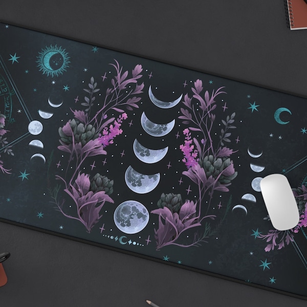 Dark Academia Pad Cottagecore Desk Mat, Violet Teal Witchy Celestial Moon Phases Gaming Pad, Forest Extended Pad Extra Large, Altar Decor