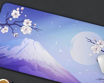 Mount Fuji Japanese Purple Desk Mat, Harajuku Sakura Cherry Blossom Anime Mat, Pastel Kawaii Mouse Pad, Extra Large Gaming Mouse Pad Desk