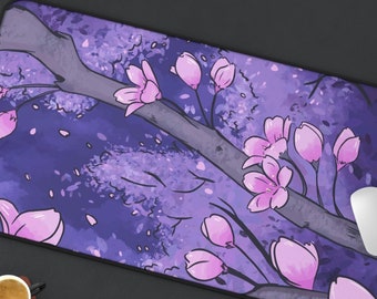 Cherry Blossom Japanese Purple Desk Mat, Harajuku Sakura Anime Mat, Kawaii Mouse Pad, Extra Large Gaming Mouse Pad Desk Decor