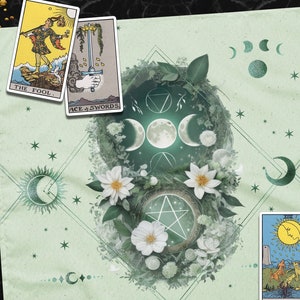 Moon Phases Floral Botanical Altar Cloth, Oracle Light Green Academia Table Cloth for Spread Tarot Reading, Celestial Witchy Wiccan Cloth