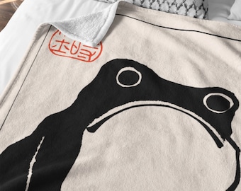 Matsumoto Hoji Frog Minky Blanket, Japanese Decor Retro Unimpressed Grumpy Sad Japanese Frog Throw, Japanese Cottagecore Bedding
