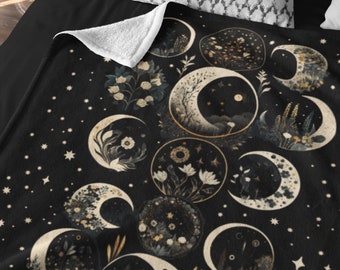 Dark Moon Phases Minky Blanket, Celestial Moon Stars Witchy Fairycore Tapestry, Academia Gothic Mystical Cottagecore Decor Throw Bedding