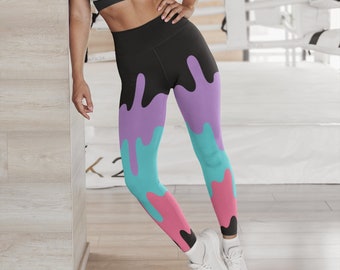 Pastel Goth Leggings, Pink Slime Kawaii Yoga Mid High Pants, Black Rave Festival Drip Tights, Creepy Cute Halloween Kawaii Goth Clothing
