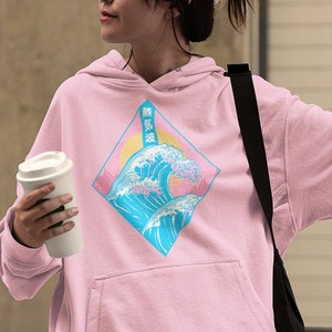 Vaporwave Great Wave Hoodie, Pastel Goth Clothing, Japanese Aesthetic Kawaii Anime Shirt Kanagawa Wave Art, Harajuku Cyberpunk Hoodie