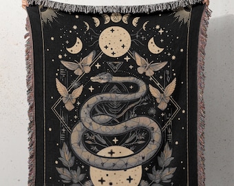Celestial Snake Woven Throw Blanket, Floral Moon Witchy Cotton Throw, Occult Woven Tapestry, Academia Gothic Mystical Cottagecore Decor