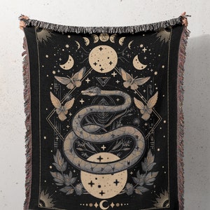 Celestial Snake Woven Throw Blanket, Floral Moon Witchy Cotton Throw, Occult Woven Tapestry, Academia Gothic Mystical Cottagecore Decor