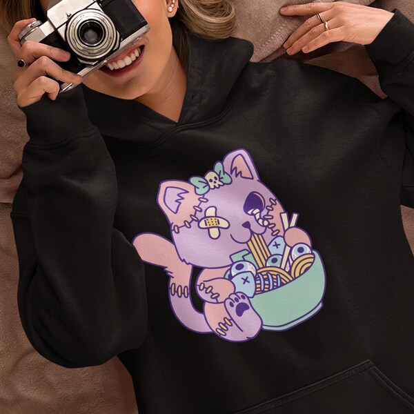 Creepy Gothic Cat Anime Hoodie, Weirdcore Pastel Goth Cat Eating Ramen Shirt, Halloween Yami Kawaii Fairy Kei Pink Grunge Ramen Noodles