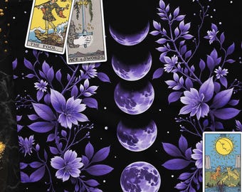 Purple Moon Phases Floral Botanical Altar Cloth, Oracle Dark Academia Pagan Table Cloth for Spread Tarot Reading, Divination Witchy Cloth