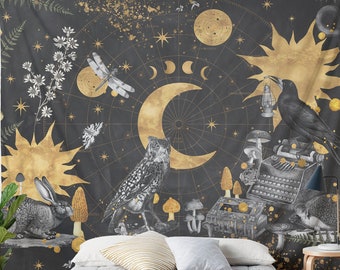 Dark Cottagecore Tapestry, Dark Academia Decor, Witchy Mushroom Decor, Astrology Moon Phases, Botanical Tapestry, Owl Woodland Floral Decor