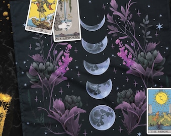 Moon Phases Floral Botanical Altar Cloth, Oracle Dark Academia Pagan Table Cloth for Spread Tarot Reading, Divination Witchy Wiccan Cloth