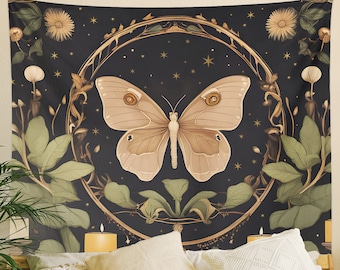 Dark Cottagecore Moth Tapestry, Botanical Witchy Wicca Decor, Floral Altar Cloth Butterfly Celestial Gothic Boho Black Tapestry Wall Hanging