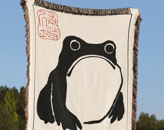 Matsumoto Hoji Frog Woven Throw Blanket, Japanese Decor Vintage Unimpressed Grumpy Sad Japanese Frog Woven Tapestry, Woven Picnic Blanket