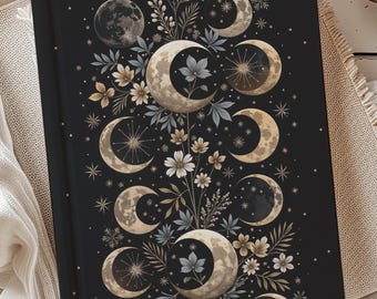 Moon Phases Book of Shadows Hardcover Journal, Grimoire Witchy Tarot Gift for Wife Husband Journal Celestial Dark Academia Floral Spell Book