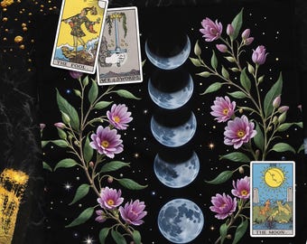 Moon Phases Floral Botanical Altar Cloth, Oracle Dark Academia Pagan Table Cloth for Spread Tarot Reading, Divination Witchy Wiccan Cloth