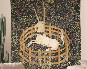 Unicorn in Garden Tapestry, Vintage Art Dark Academia Cottagecore, Unicorn in Captivity Medieval Flemish Antique Tapestry Gothic Dark Decor