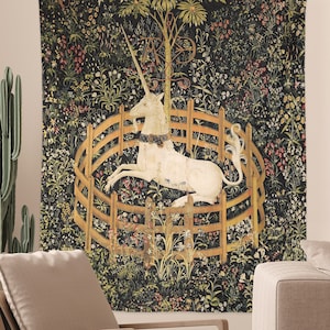 Unicorn in Garden Tapestry, Vintage Art Dark Academia Cottagecore, Unicorn in Captivity Medieval Flemish Antique Tapestry Gothic Dark Decor