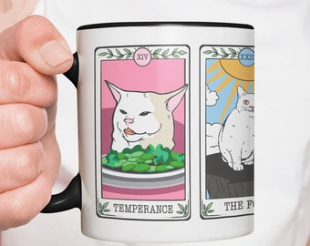 Cat Meme Tarot Card Mug, Tarot Mug, Witchy Mug, Sad Cat Meme Coffee Mug, Tarot Decor, Tarot Gift, Tarot Cat Coffee Mug, Cottagecore Gift
