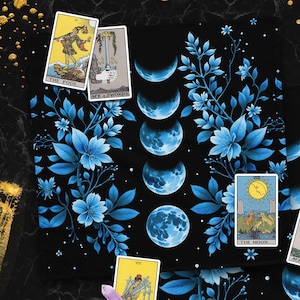 Blue Moon Phases Floral Botanical Altar Cloth, Oracle Dark Academia Pagan Table Cloth Spread Tarot Reading, Divination Witchy Wiccan Cloth