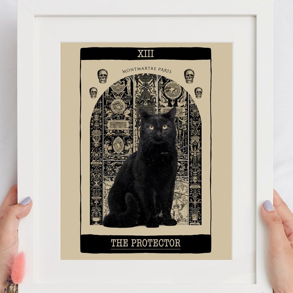 The Protector Tarot Cat Poster, Cat Lover Gift, Black Cat Art, Tarot Poster Black Cat Wall Decor Cat Mom Gift Vintage Poster Halloween Decor