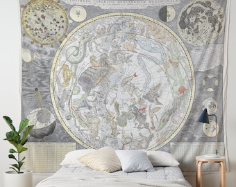 Celestial Retro Zodiac Constellation Tapestry, Light Academia Dorm Decor, Astrology Signs Wall Tapestry Aesthetic Retro Map Tapestry