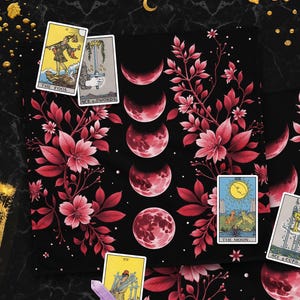 Red Moon Phases Floral Botanical Altar Cloth, Oracle Dark Academia Pagan Table Cloth for Spread Tarot Reading Divination Witchy Wiccan Cloth